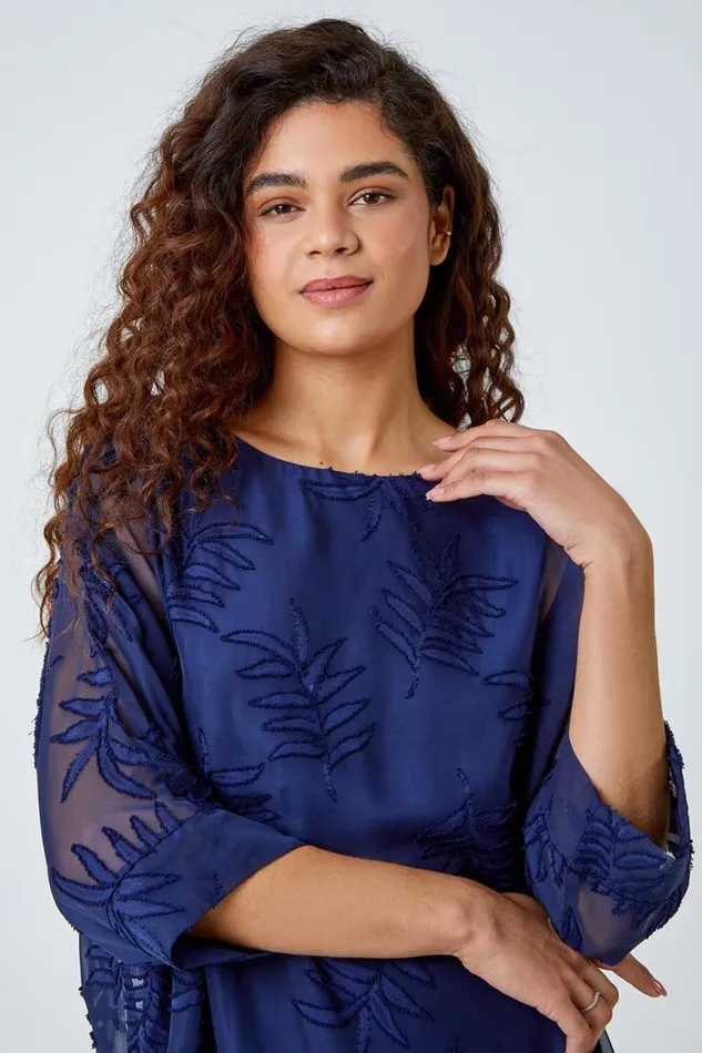 Women Navy Leaf Burnout Print Chiffon Overlay Top Roman Tops