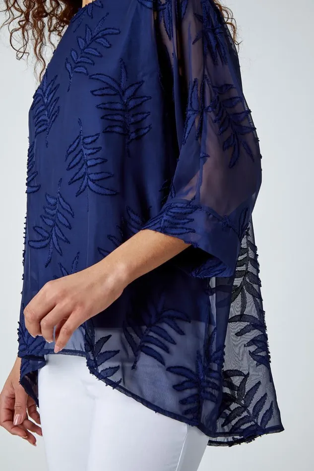 Women Navy Leaf Burnout Print Chiffon Overlay Top Roman Tops