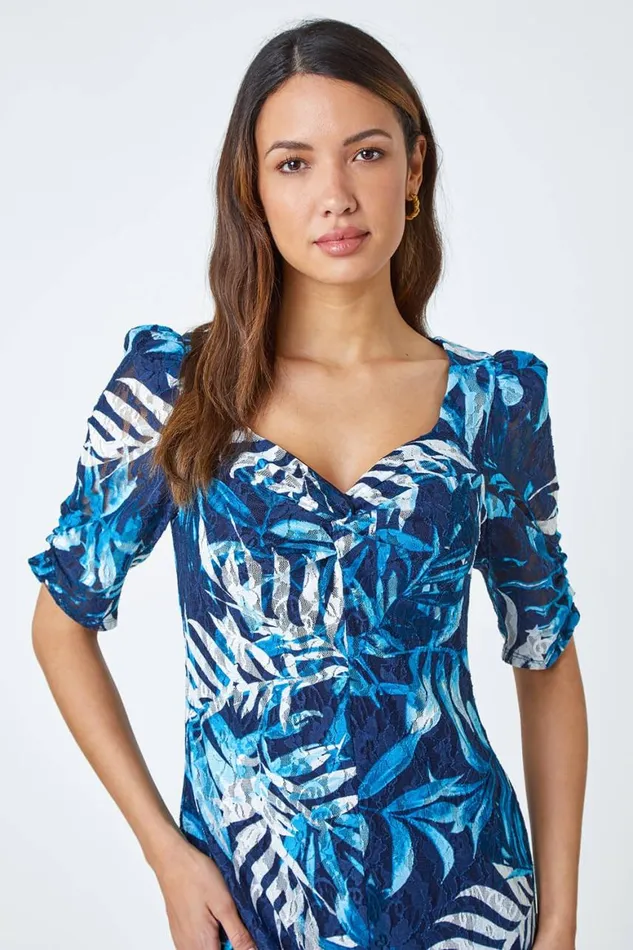 Women Navy Leaf Print Puff Sleeve Midi Dress Roman Dresses