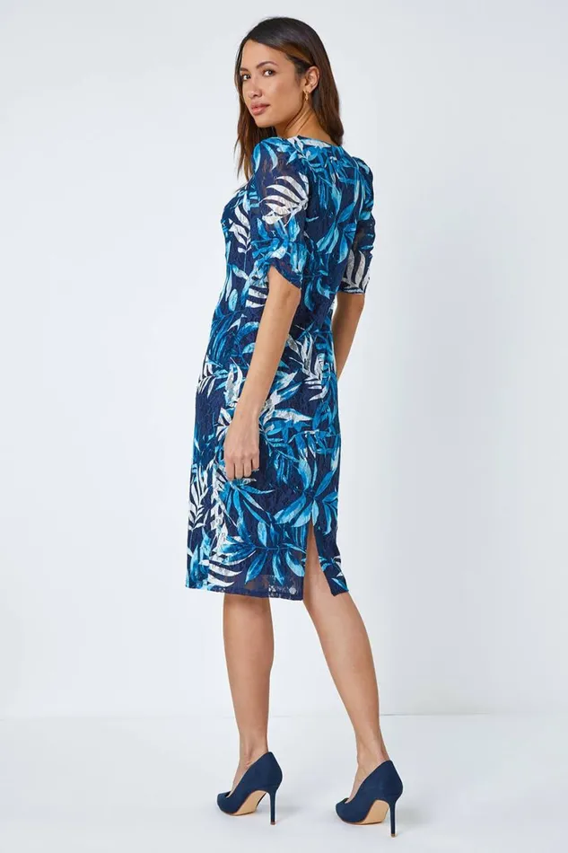 Women Navy Leaf Print Puff Sleeve Midi Dress Roman Dresses