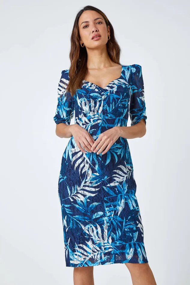 Women Navy Leaf Print Puff Sleeve Midi Dress Roman Dresses