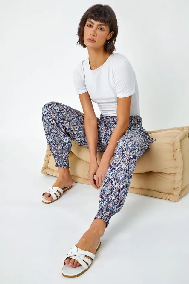 Women Navy Paisley Shirred Elastic Waist Hareem Trousers Roman Trousers