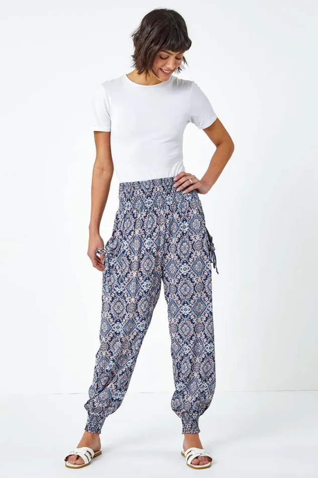 Women Navy Paisley Shirred Elastic Waist Hareem Trousers Roman Trousers