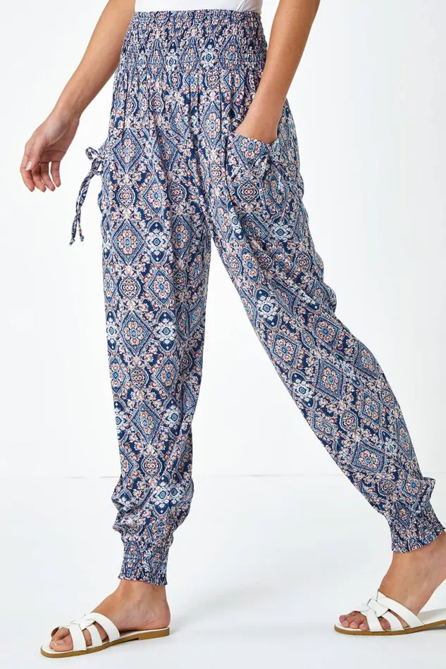 Women Navy Paisley Shirred Elastic Waist Hareem Trousers Roman Trousers
