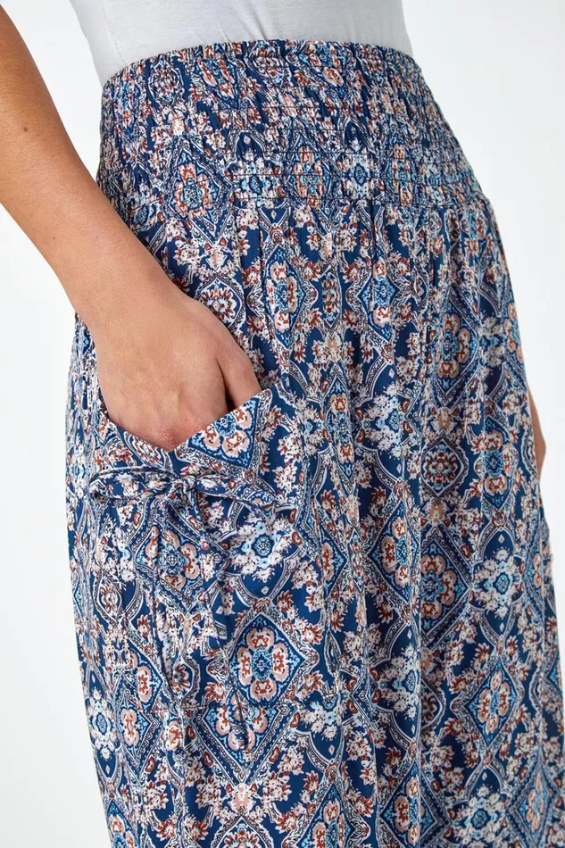 Women Navy Paisley Shirred Elastic Waist Hareem Trousers Roman Trousers