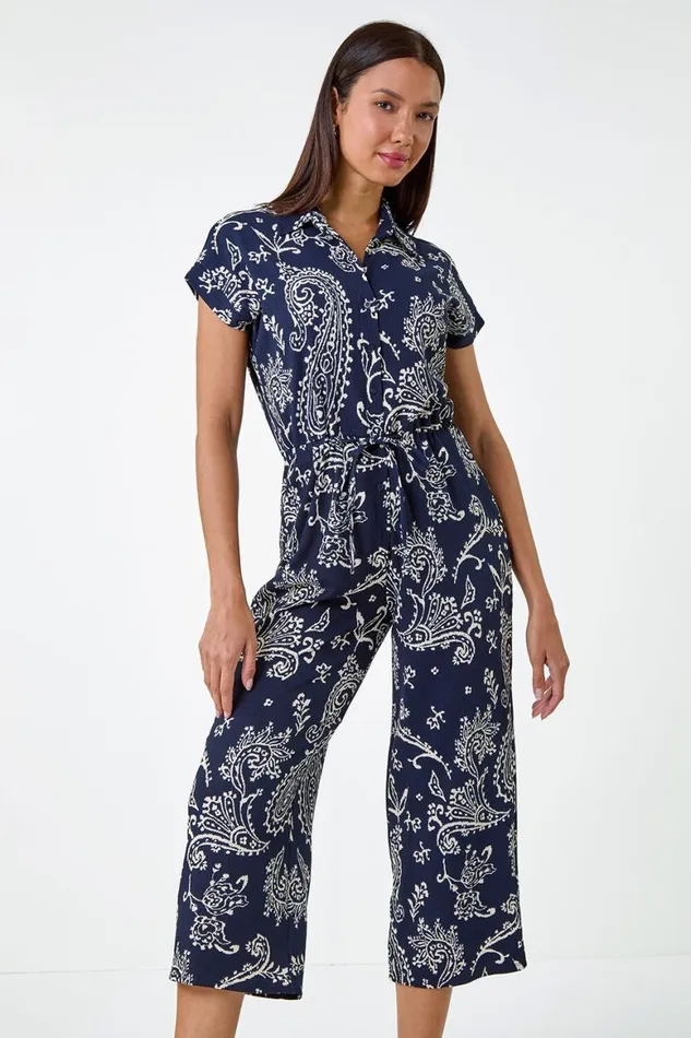 Women Navy Paisley Textured Stretch Jersey Jumpsuit Roman Dresses