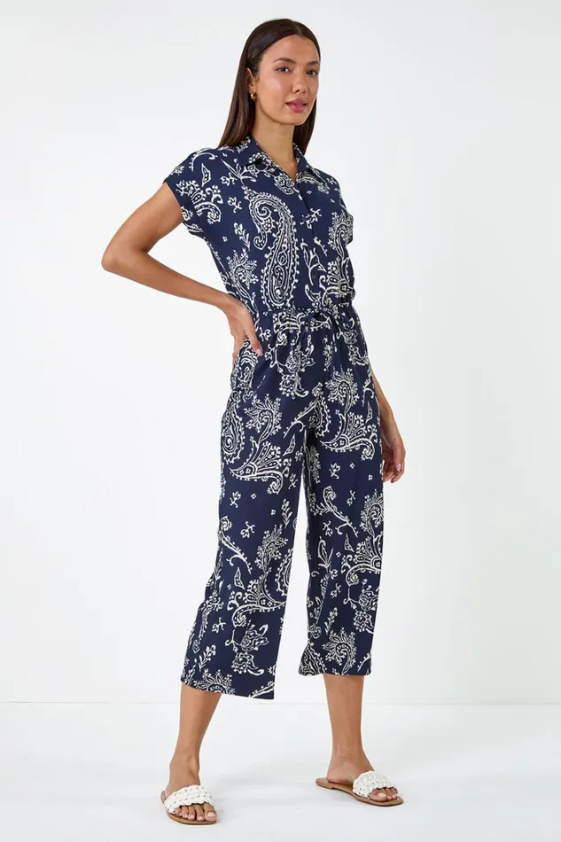 Women Navy Paisley Textured Stretch Jersey Jumpsuit Roman Dresses