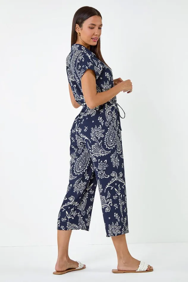 Women Navy Paisley Textured Stretch Jersey Jumpsuit Roman Dresses