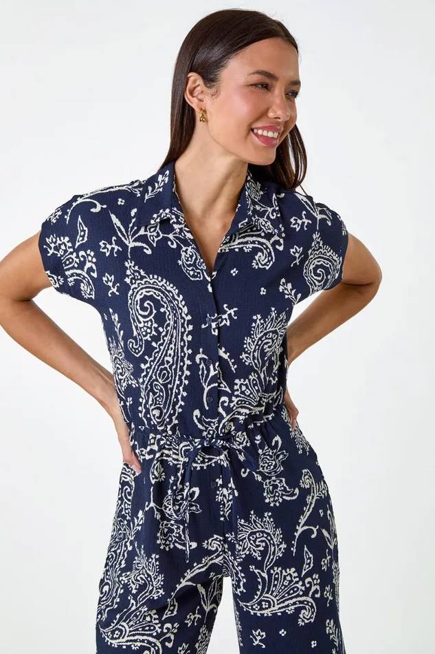 Women Navy Paisley Textured Stretch Jersey Jumpsuit Roman Dresses