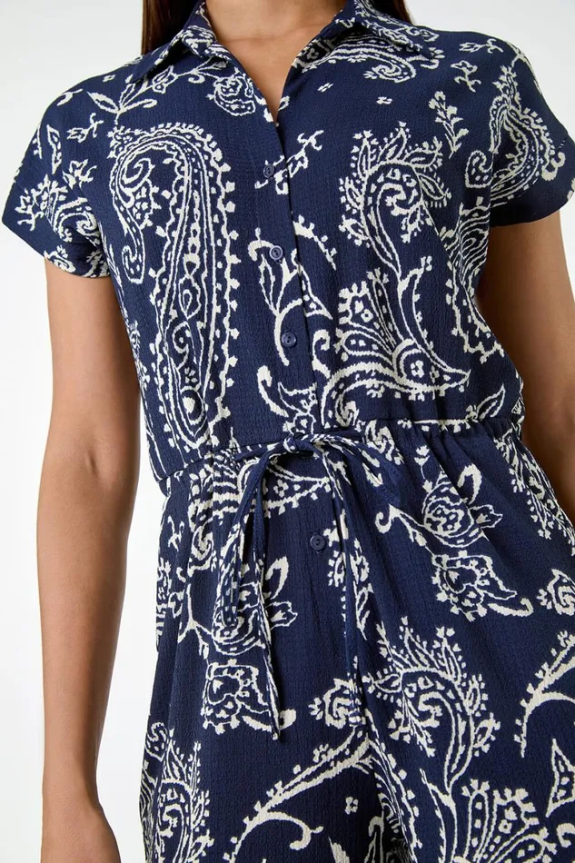 Women Navy Paisley Textured Stretch Jersey Jumpsuit Roman Dresses