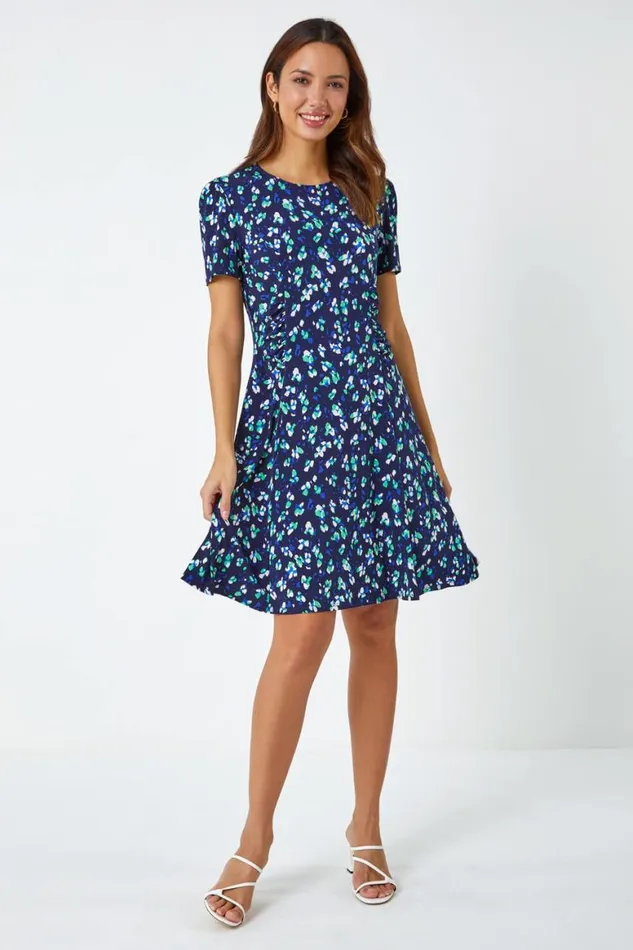 Women Navy Panelled Ditsy Floral Print Dress Roman Dresses