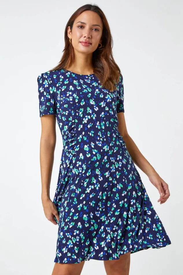 Women Navy Panelled Ditsy Floral Print Dress Roman Dresses