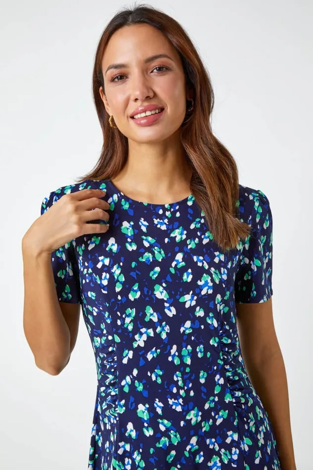 Women Navy Panelled Ditsy Floral Print Dress Roman Dresses