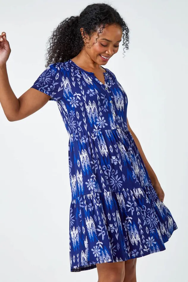 Women Navy Petite Aztec Print Tiered Dress Roman Dresses