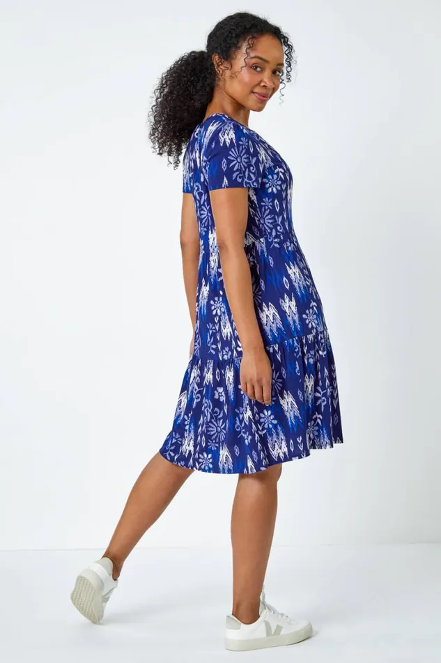 Women Navy Petite Aztec Print Tiered Dress Roman Dresses