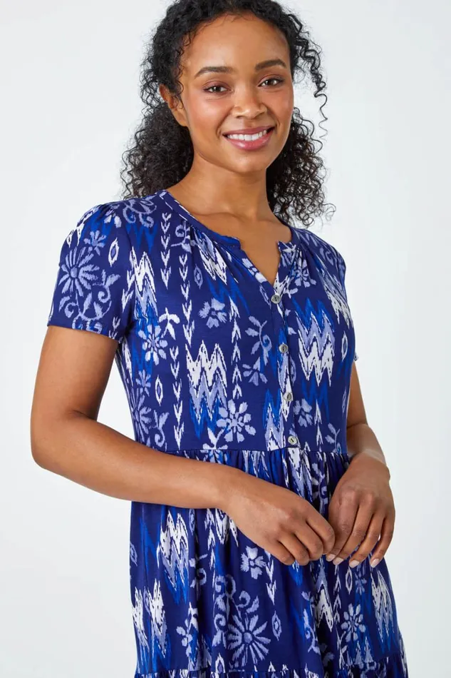 Women Navy Petite Aztec Print Tiered Dress Roman Dresses