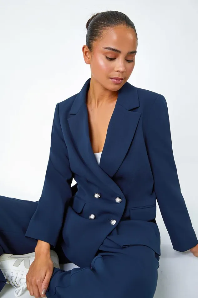 Women Navy Petite Double Breasted Stretch Blazer Roman Jackets