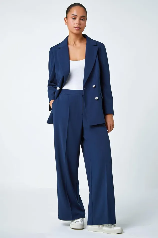Women Navy Petite Double Breasted Stretch Blazer Roman Jackets
