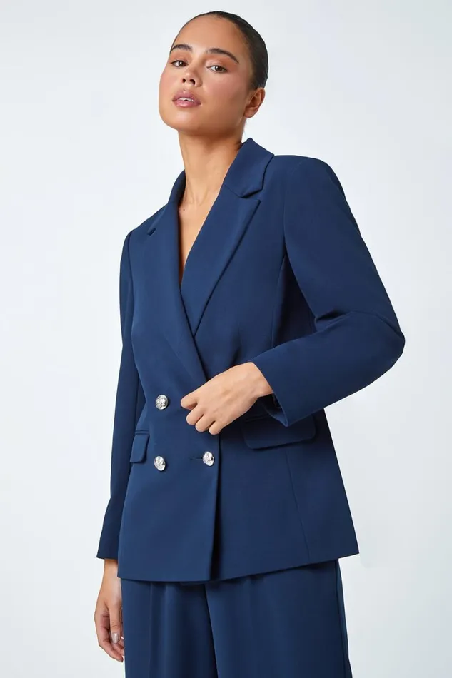 Women Navy Petite Double Breasted Stretch Blazer Roman Jackets
