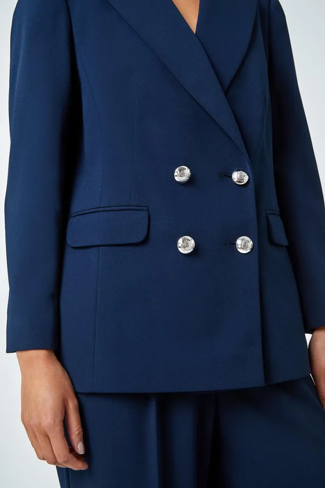 Women Navy Petite Double Breasted Stretch Blazer Roman Jackets