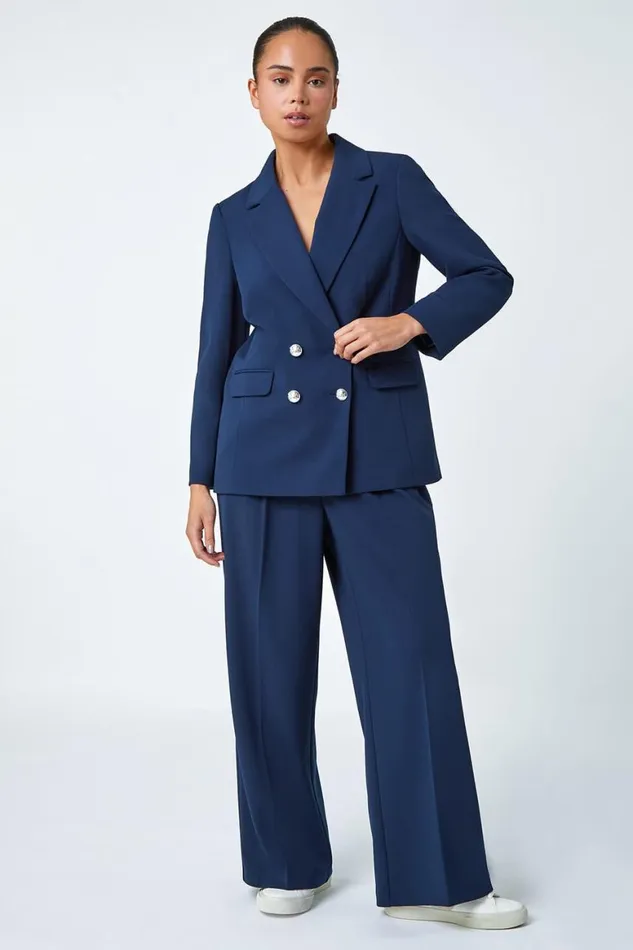 Women Navy Petite Double Breasted Stretch Blazer Roman Jackets