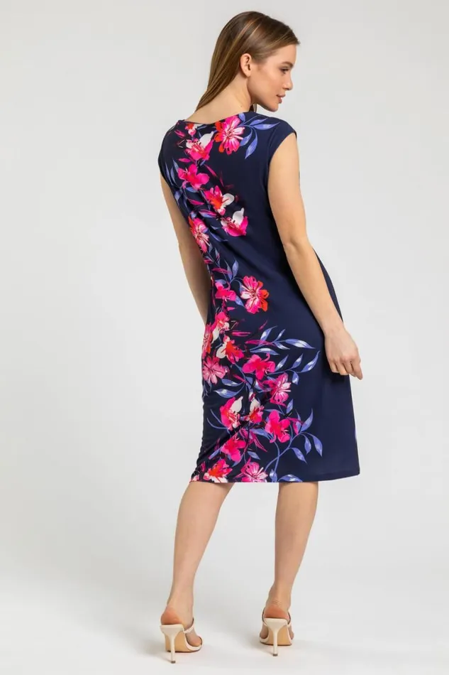 Women Navy Petite Floral Ruched Waist Dress Roman Dresses
