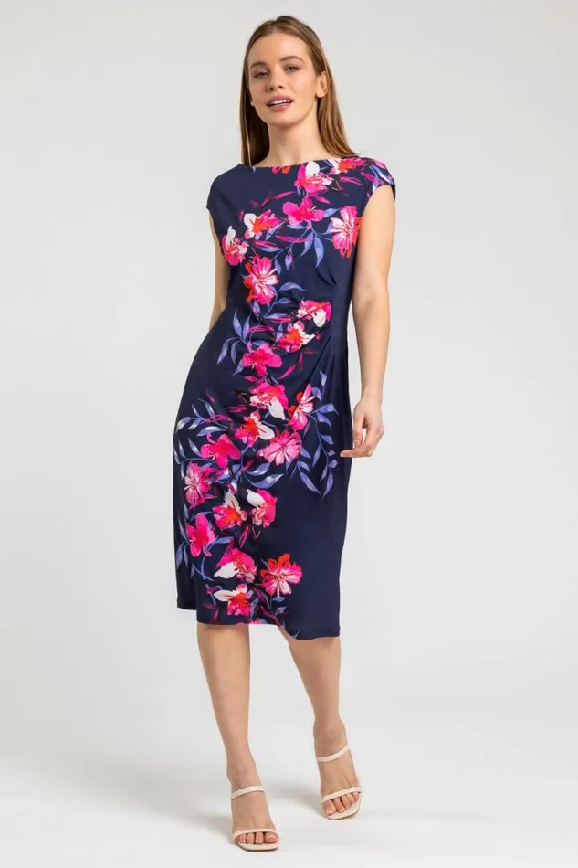 Women Navy Petite Floral Ruched Waist Dress Roman Dresses