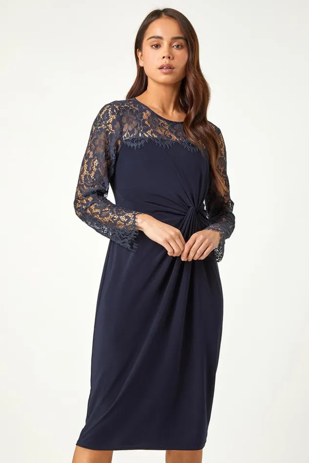 Women Navy Petite Lace Detail Knot Front Stretch Dress Roman Dresses