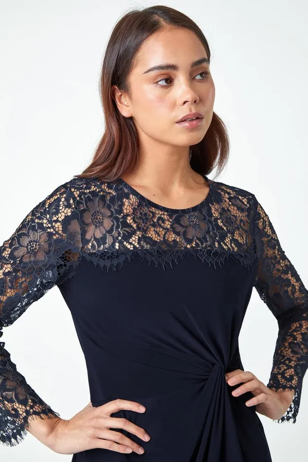 Women Navy Petite Lace Detail Knot Front Stretch Dress Roman Dresses
