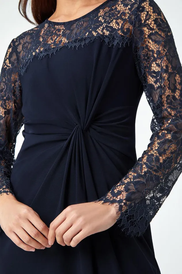 Women Navy Petite Lace Detail Knot Front Stretch Dress Roman Dresses