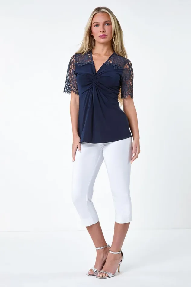 Women Navy Petite Lace Twist Front Stretch Top Roman Tops