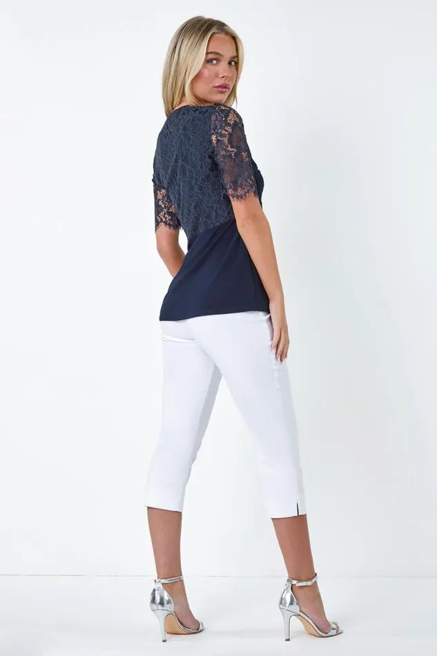 Women Navy Petite Lace Twist Front Stretch Top Roman Tops