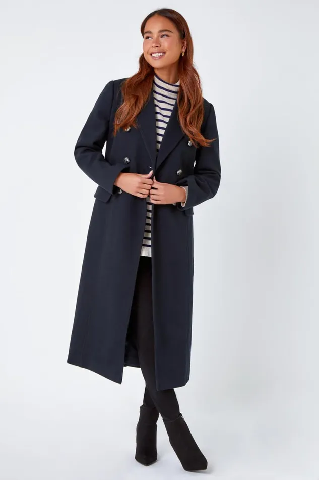 Women Navy Petite Longline Belted Military Coat Roman Jackets