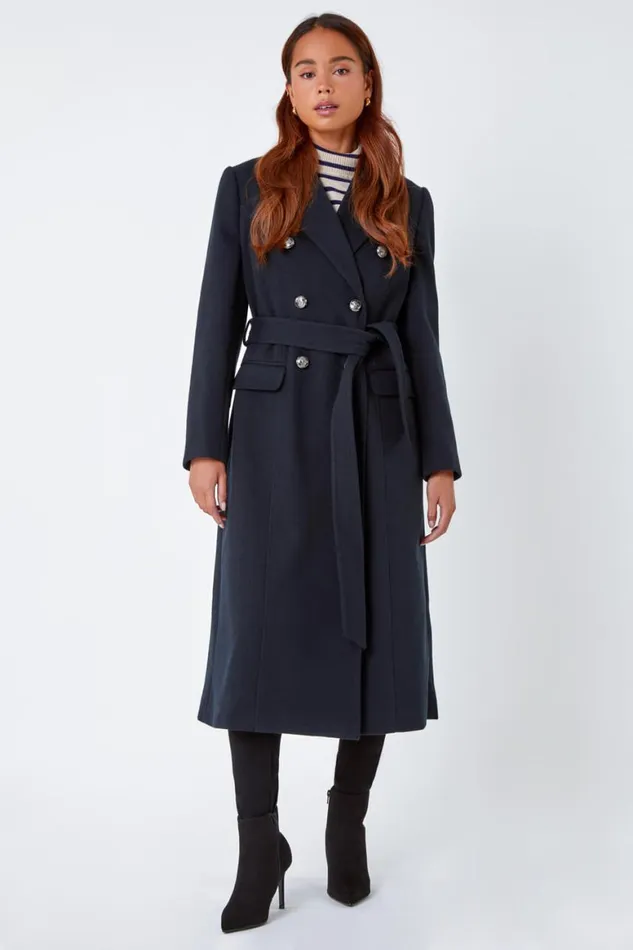Women Navy Petite Longline Belted Military Coat Roman Jackets