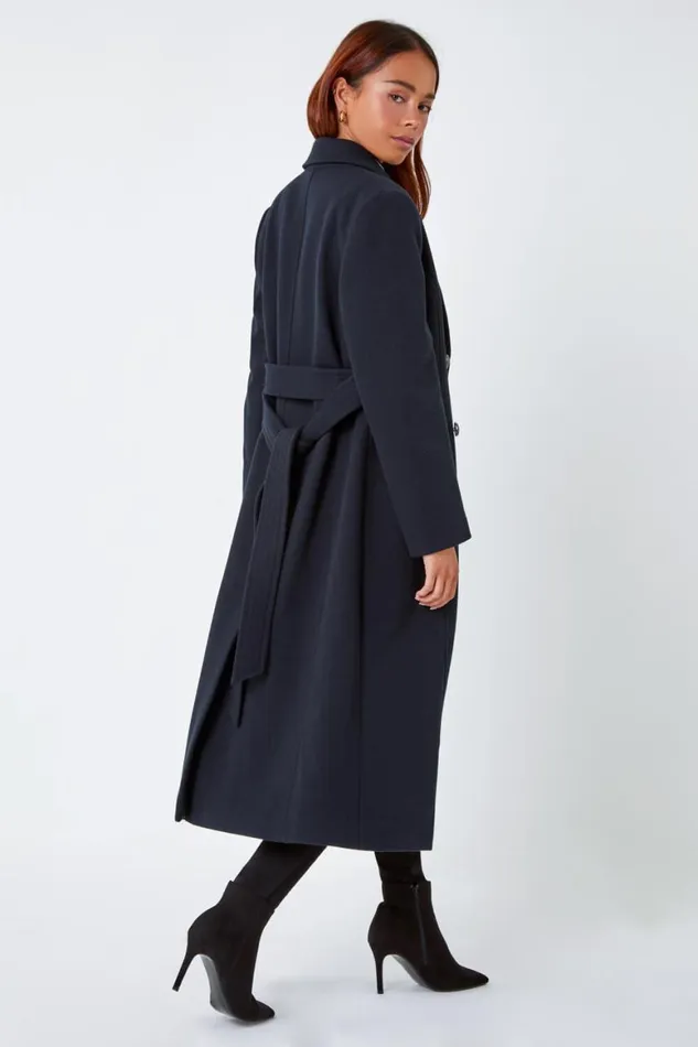 Women Navy Petite Longline Belted Military Coat Roman Jackets