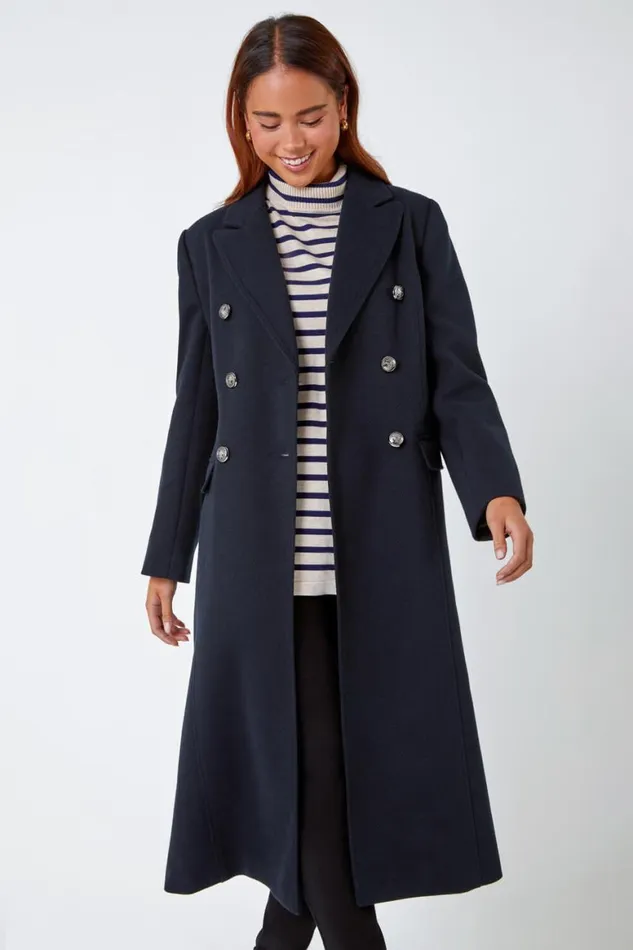 Women Navy Petite Longline Belted Military Coat Roman Jackets