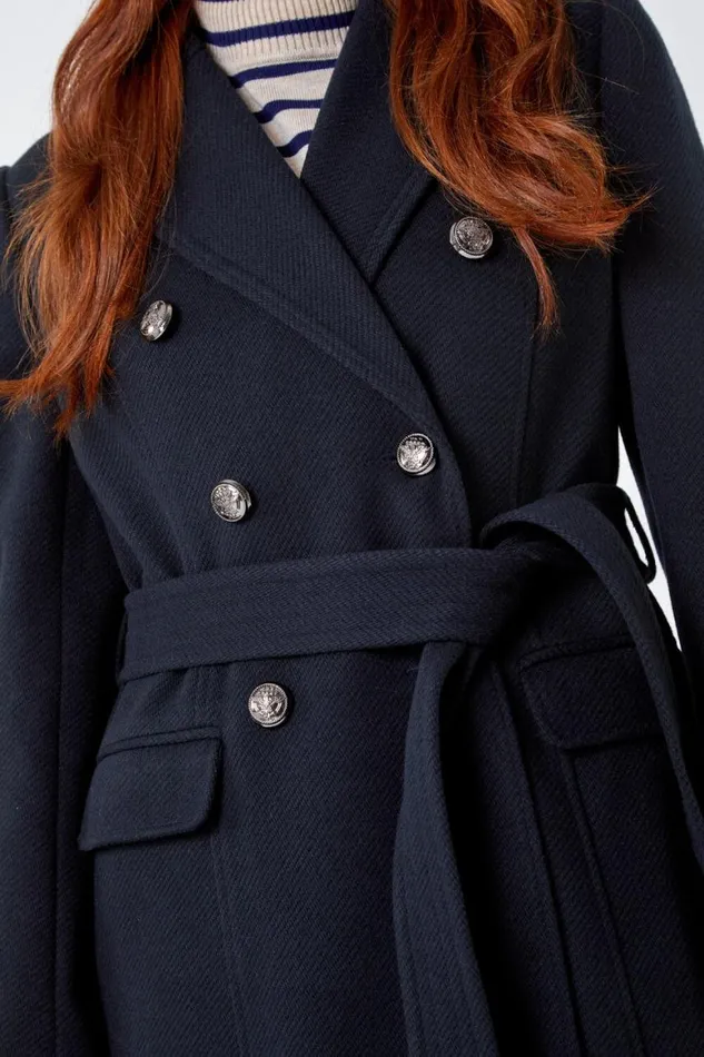 Women Navy Petite Longline Belted Military Coat Roman Jackets