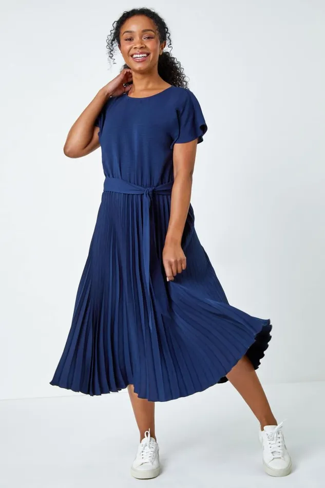 Women Navy Petite Plain Pleated Skirt Midi Dress Roman Dresses