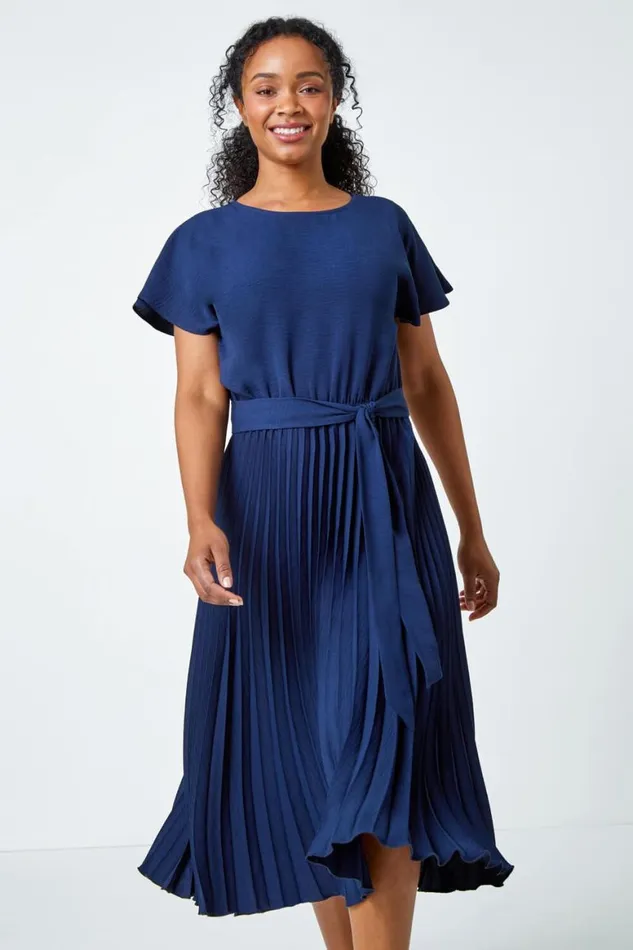 Women Navy Petite Plain Pleated Skirt Midi Dress Roman Dresses