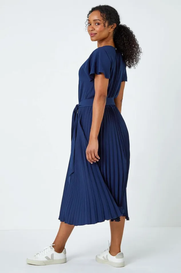 Women Navy Petite Plain Pleated Skirt Midi Dress Roman Dresses