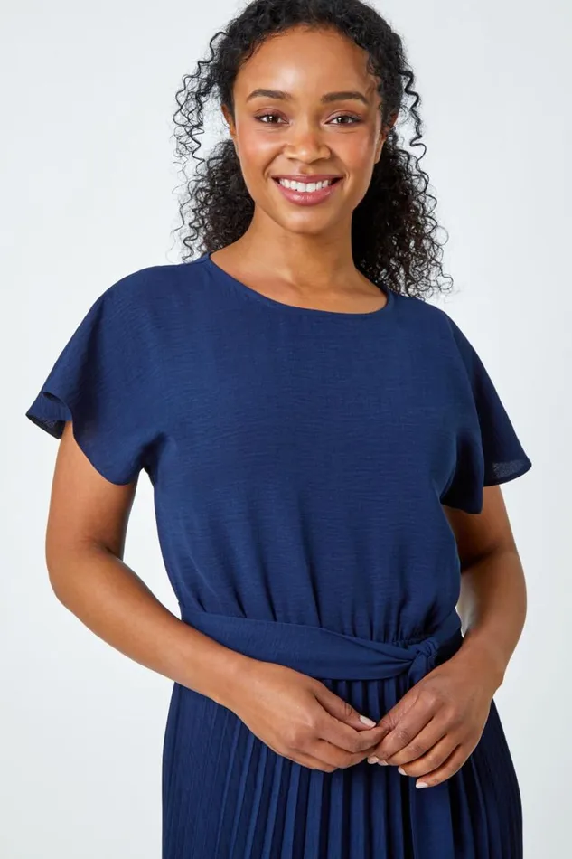 Women Navy Petite Plain Pleated Skirt Midi Dress Roman Dresses