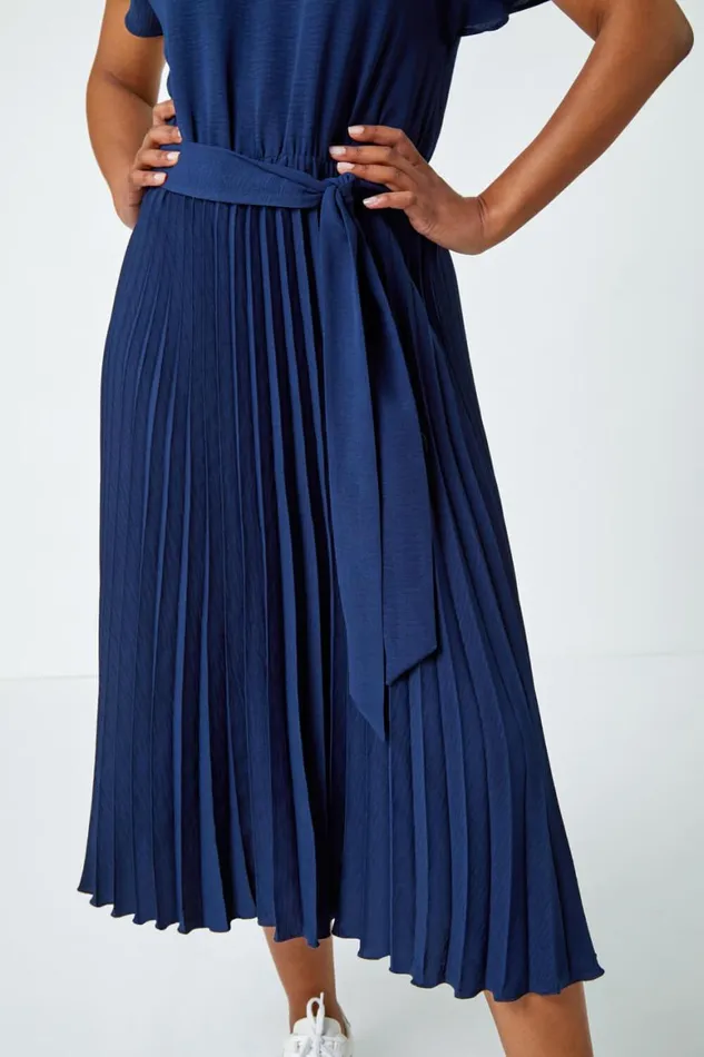 Women Navy Petite Plain Pleated Skirt Midi Dress Roman Dresses