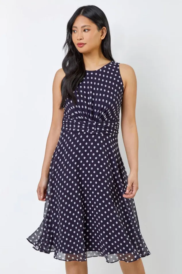Women Navy Petite Spot Print Buckle Detail Dress Roman Dresses