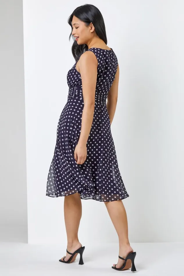 Women Navy Petite Spot Print Buckle Detail Dress Roman Dresses