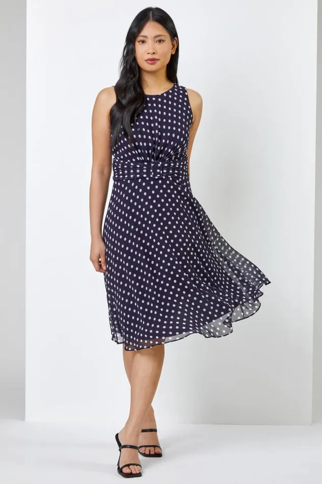 Women Navy Petite Spot Print Buckle Detail Dress Roman Dresses