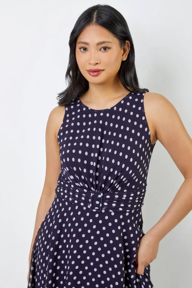 Women Navy Petite Spot Print Buckle Detail Dress Roman Dresses