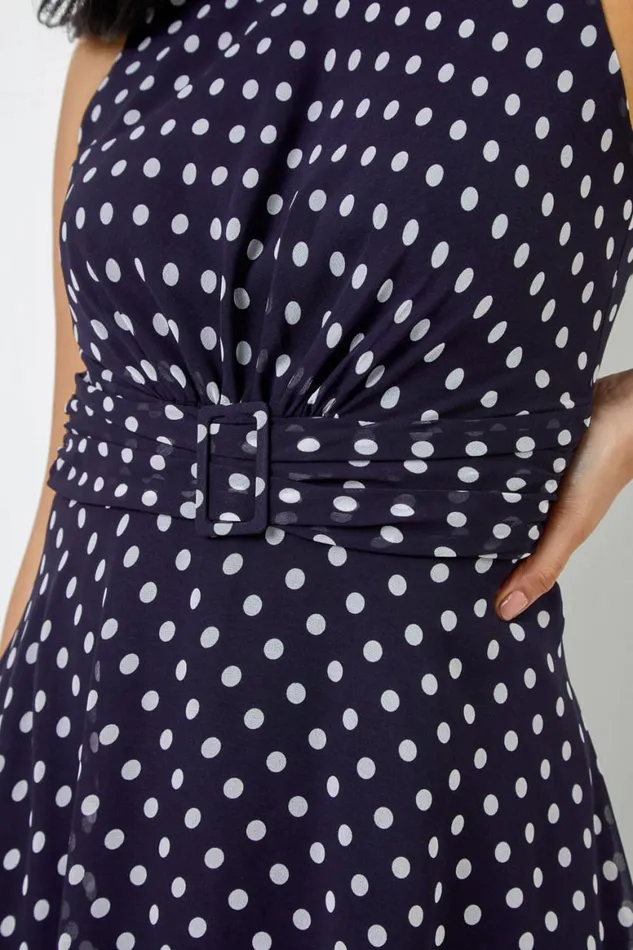 Women Navy Petite Spot Print Buckle Detail Dress Roman Dresses