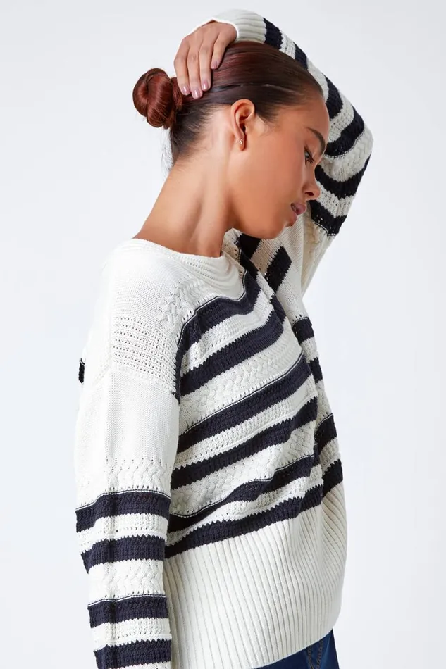 Women Navy Petite Stripe Print Textured Jumper Roman Knitwear