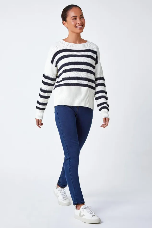 Women Navy Petite Stripe Print Textured Jumper Roman Knitwear