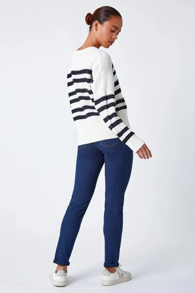Women Navy Petite Stripe Print Textured Jumper Roman Knitwear